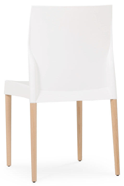 Cadeira em plástico, pernas em madeira, para uso interior, proteção contra raios UV, tacos antiderrapantes, reciclável, empilhável. Fabricado em Portugal, Plásticos Joluce.