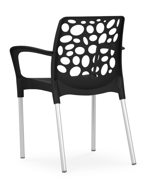 Cadeira em plástico para uso exterior, pernas de alumínio, proteção contra raios UV, reciclável, empilhável. Fabricado em Portugal, Plásticos Joluce.